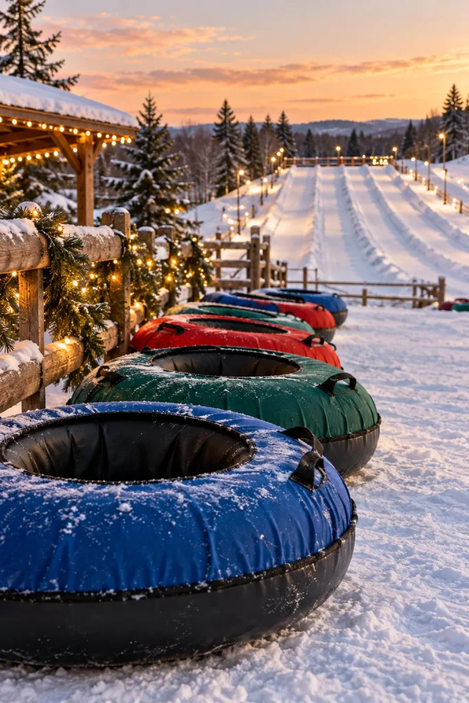 Group snow tubing down a hill side by side