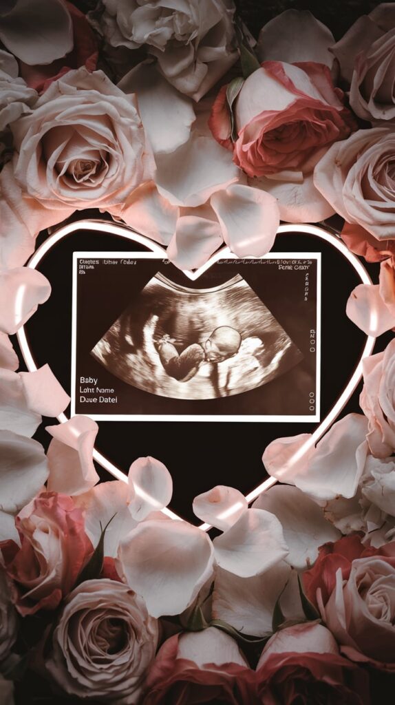 Ultrasound photo displayed inside a heart-shaped frame surrounded by rose petals for a Valentine's baby announcement
