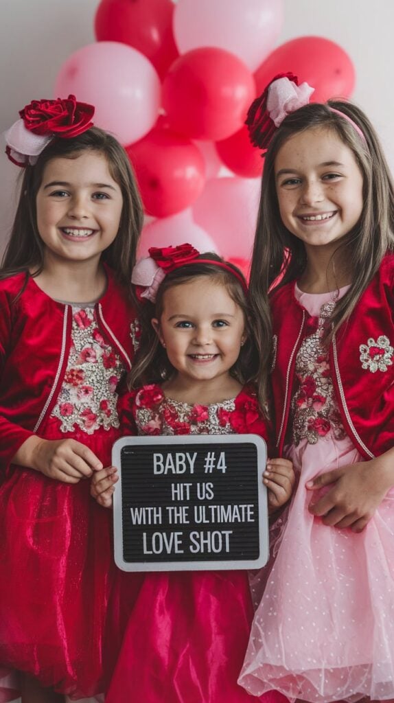 Older siblings dressed as tiny Cupids with wings and toy bow-and-arrows aiming at mom's pregnant belly