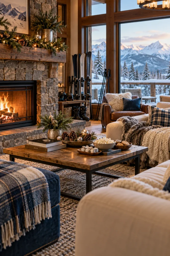 Group relaxing by a stone fireplace at a ski lodge