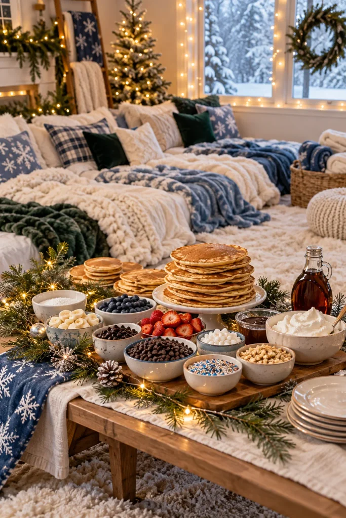 Winter pajama sleepover with a pancake bar spread