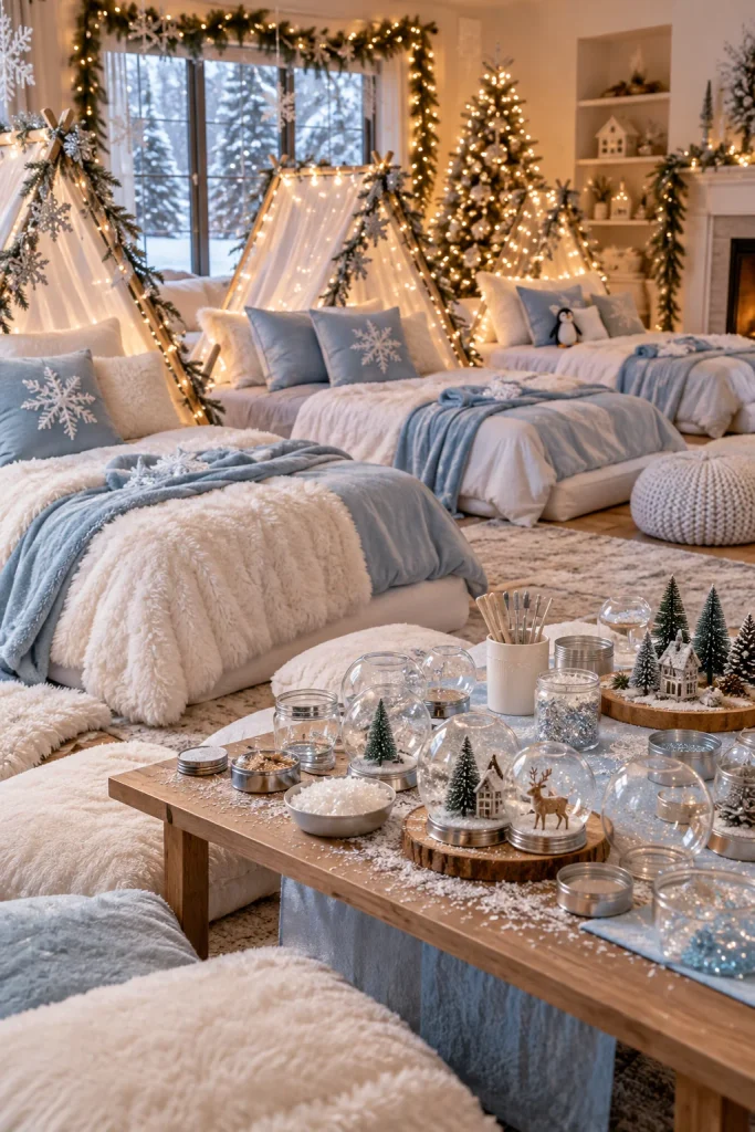 Snow globe themed slumber party with icy blue decor