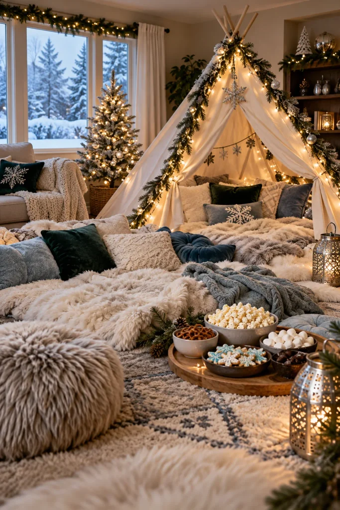Indoor glamping tent with faux fur throws and fairy lights