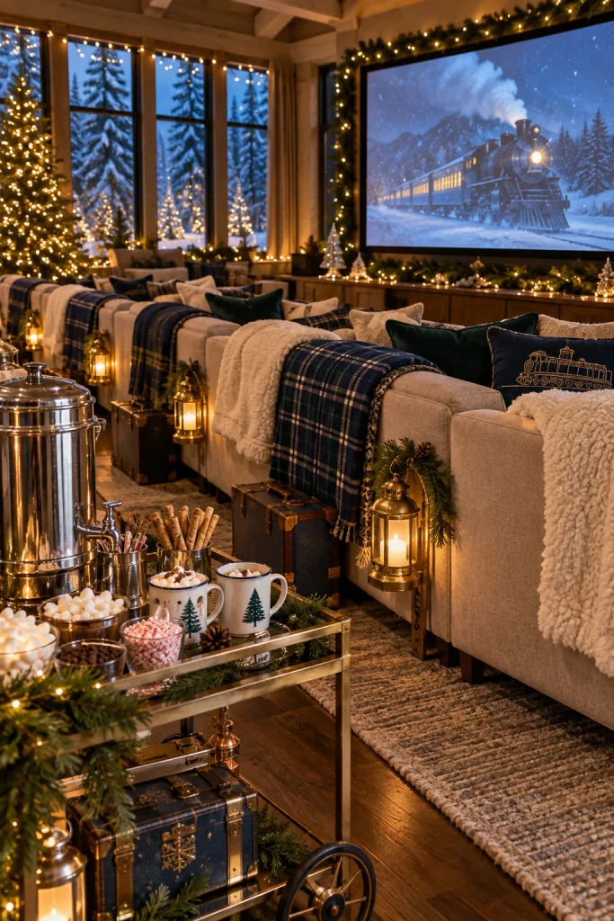 Polar Express themed pajama party with a hot cocoa cart