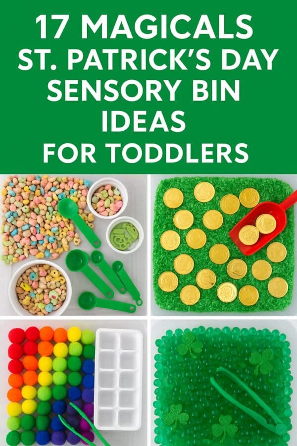A Pinterest pin graphic titled "17 Magical St. Patrick’s Day Sensory Bin Ideas for Toddlers" featuring four vibrant toddler activity setups. The top half displays bold white text on a green background. The bottom half showcases a grid of sensory bins: Lucky Charms cereal with green scoops, green rice with gold coins, rainbow pom-poms with sorting trays, and green water beads with shamrock decorations—each designed to spark sensory play and fine motor development.