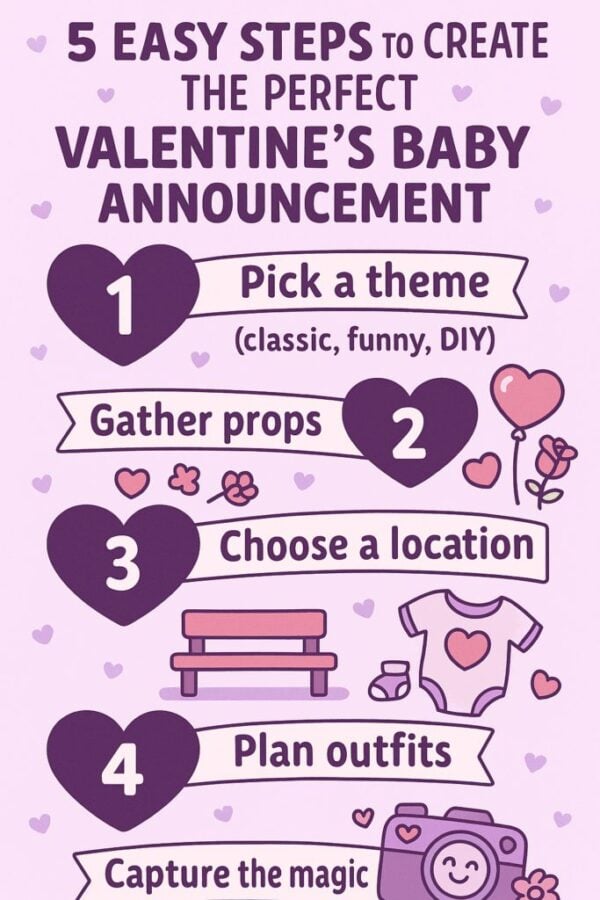 Valentine's Day Baby Announcement Ideas infographic summarizing all 16 announcement themes