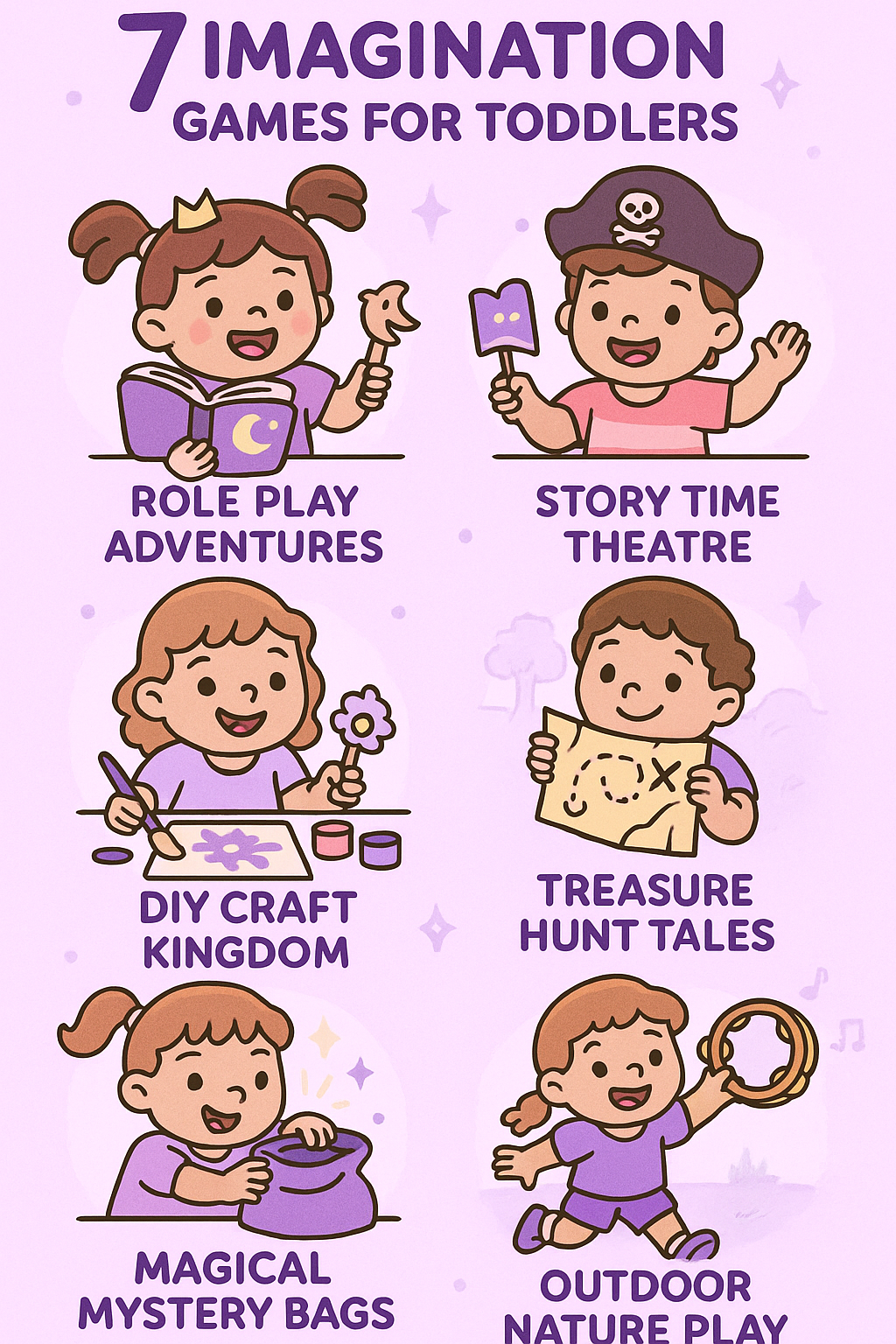 Infographic illustrating 7 fun and creative imagination games for toddlers, including role play, story theatre, craft activities, treasure hunts, and outdoor pretend play, designed to spark creativity and engagement in young children.