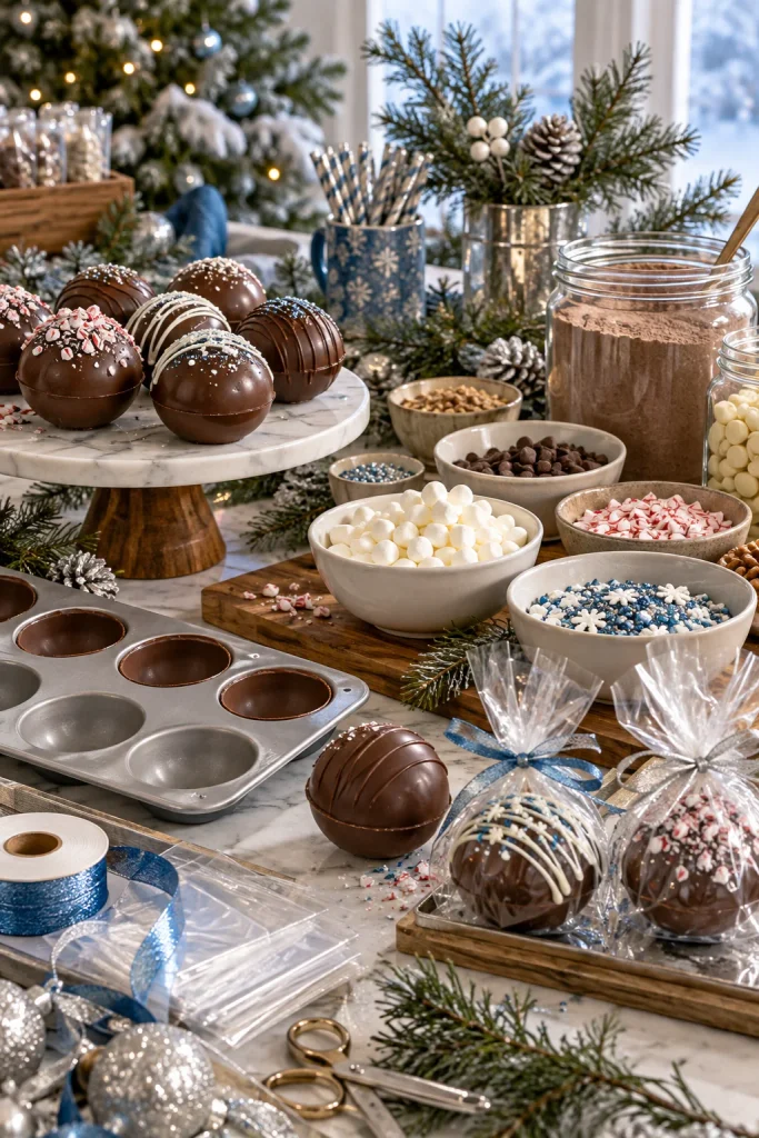 DIY hot chocolate bomb bar with chocolate shells and marshmallows
