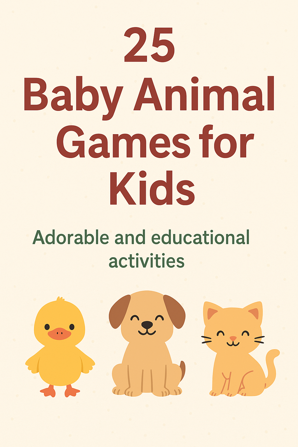A Pinterest-style graphic titled “25 Baby Animal Games for Kids” with a beige background, bold red text, and a green subtitle reading “Adorable and educational activities.” At the bottom, three cute cartoon animals—a duckling, a puppy, and a kitten—are featured in a soft, cheerful design.