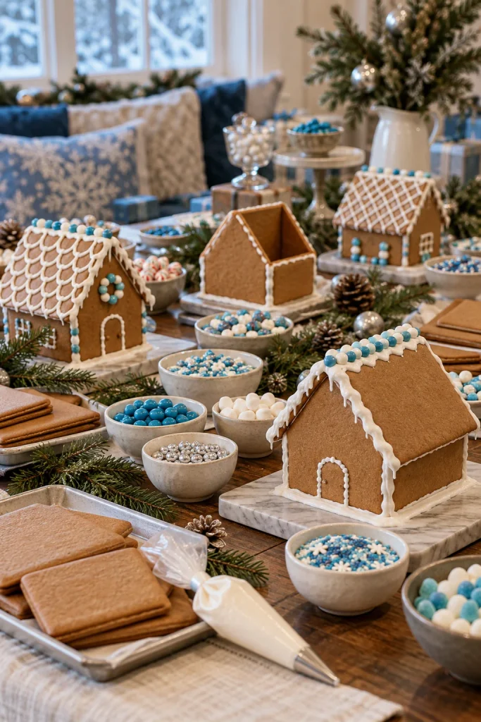 Teams building gingerbread houses with candy decorations