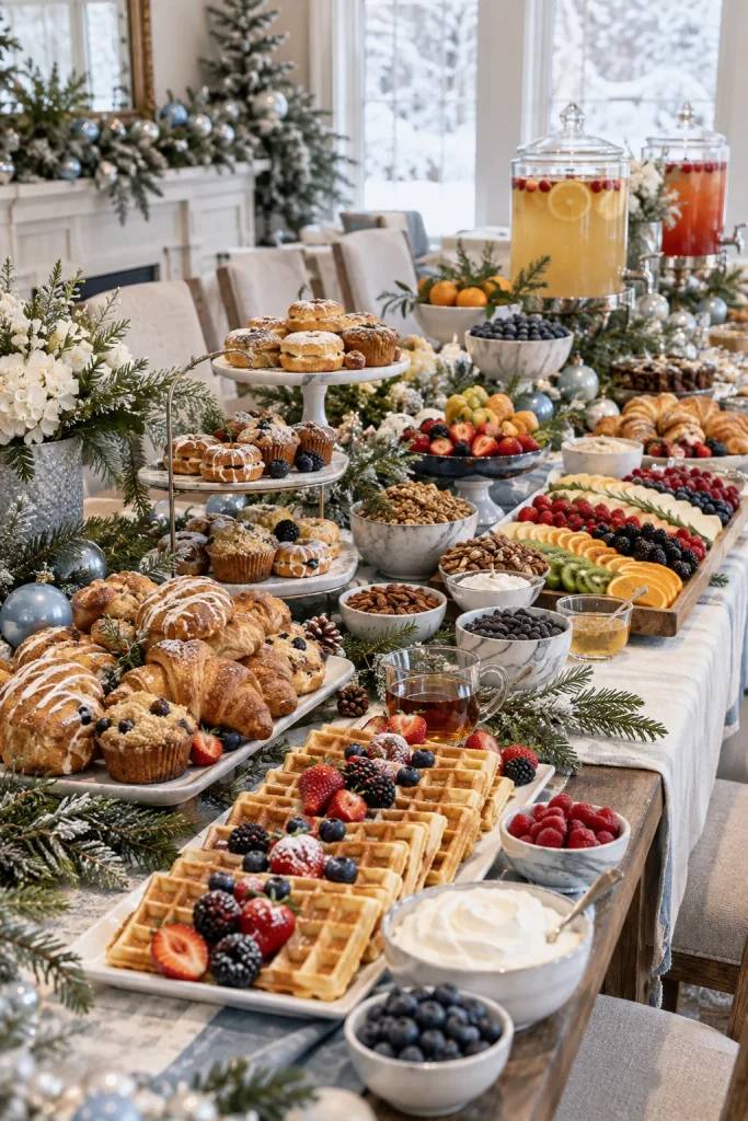 Winter brunch charcuterie spread with waffles and a mimosa bar