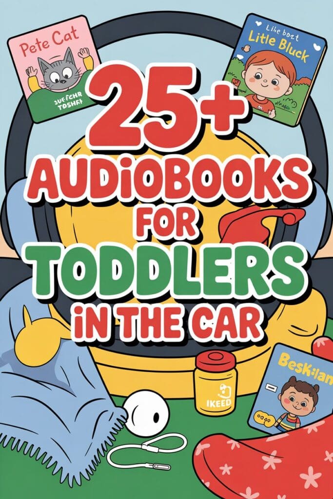 “Pinterest pin graphic with the title '25+ Audiobooks for Toddlers in the Car' featuring a bright, kid-friendly car ride theme and audiobook props”