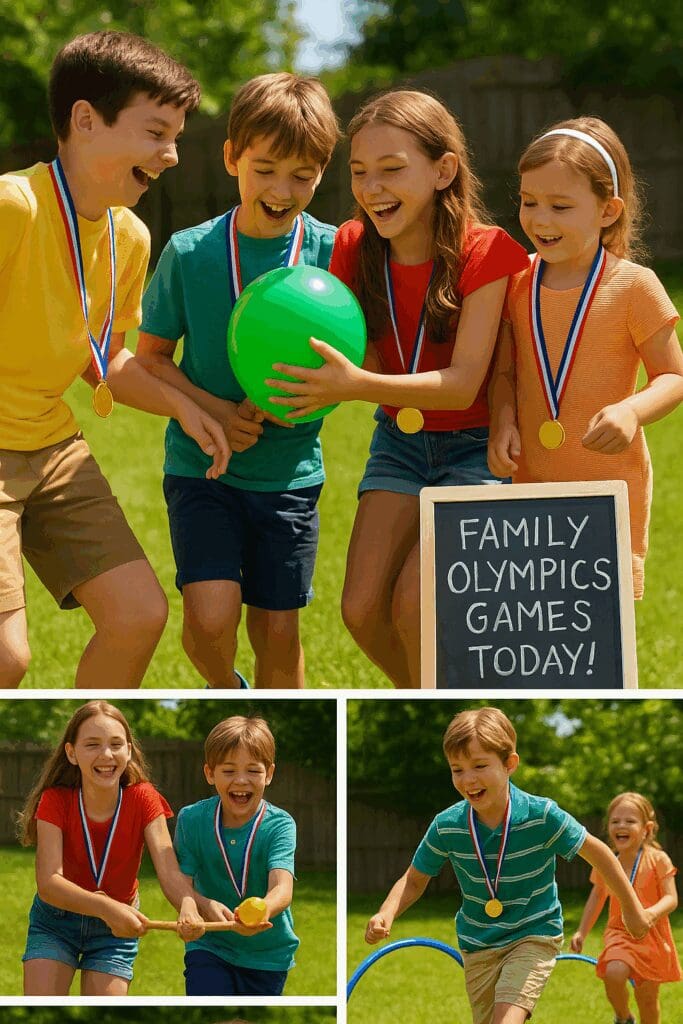 A Pinterest-style collage of four photographs captures a lively outdoor Family Olympics event. The top image shows four children—two boys and two girls—laughing and holding a green balloon, each wearing gold medals around their necks, next to a chalkboard sign reading “Family Olympics Games Today!” The bottom row features action shots: a spoon-and-egg relay, a balloon-popping race, and a hula hoop challenge, all set against a sunny backyard with a wooden fence and green grass.