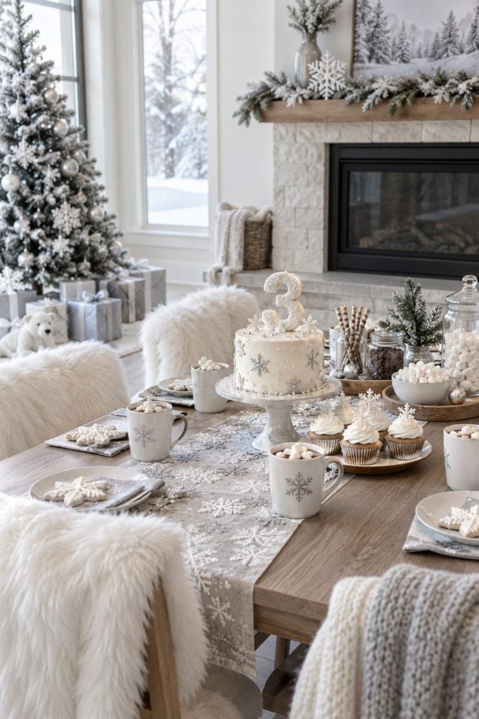Winter wonderland snowflake birthday party with faux fur throws