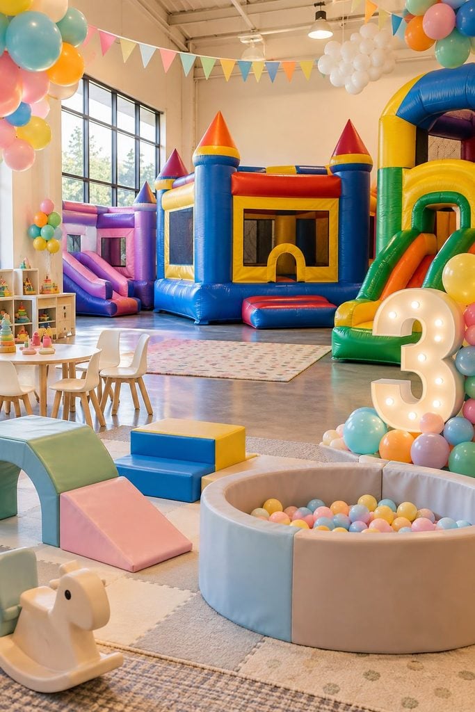 Indoor bounce house birthday party venue with themed balloon decor