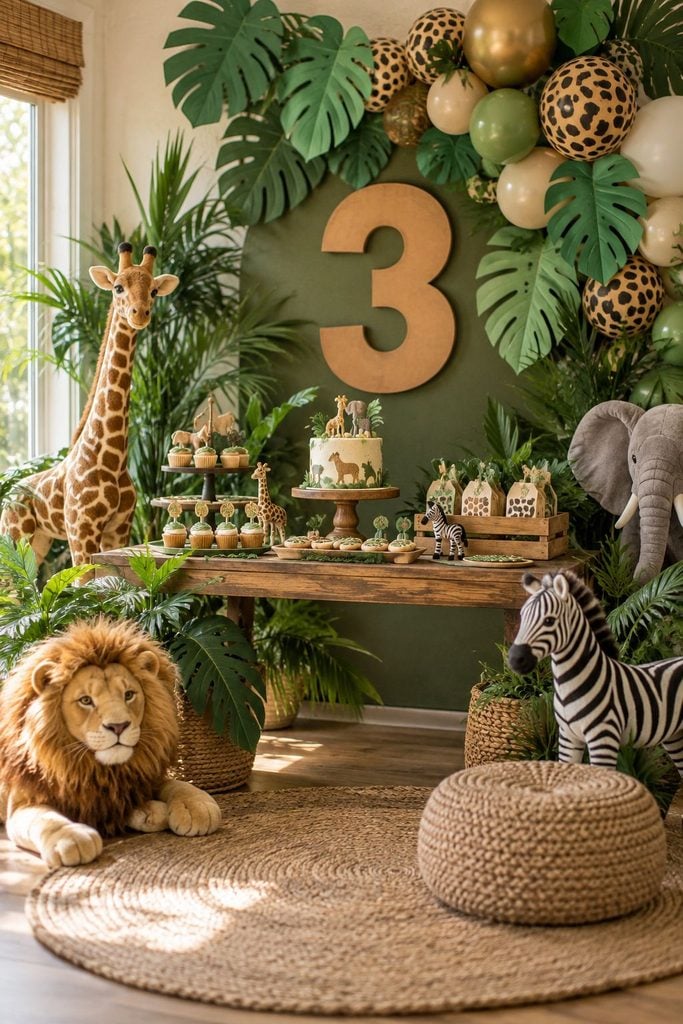 Jungle safari birthday party with oversized paper palm leaves