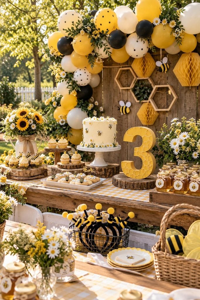 Bee Day birthday party with honeycomb backdrop in mustard and black