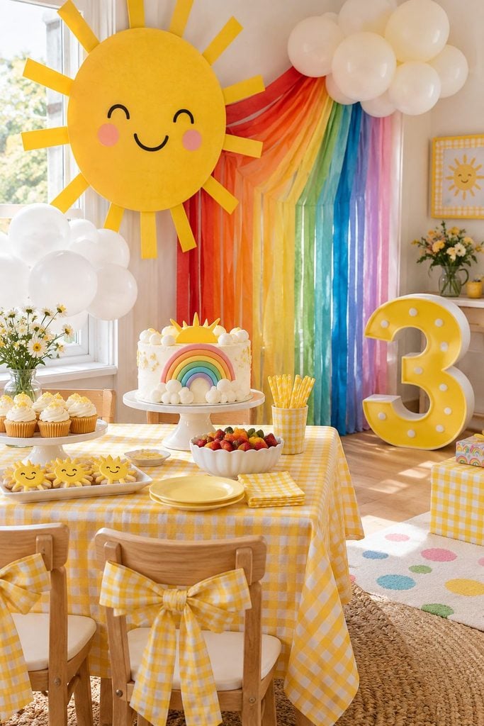 Sunshine themed birthday party with giant sun cutout backdrop
