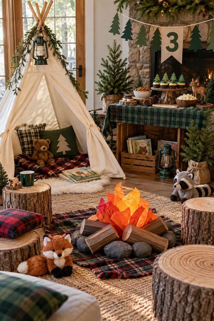 Little camper birthday party with teepee tent and plaid blankets