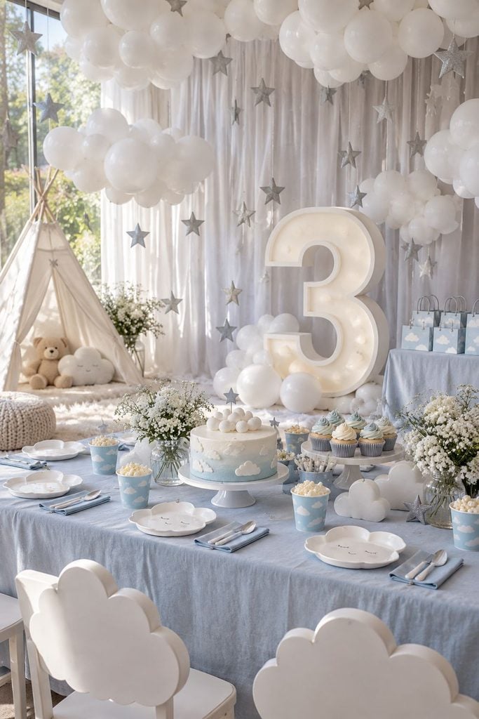 Dreamy cloud themed birthday party with white balloon clusters
