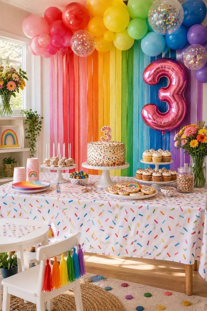 Rainbow sprinkle themed birthday party with colorful balloon garland