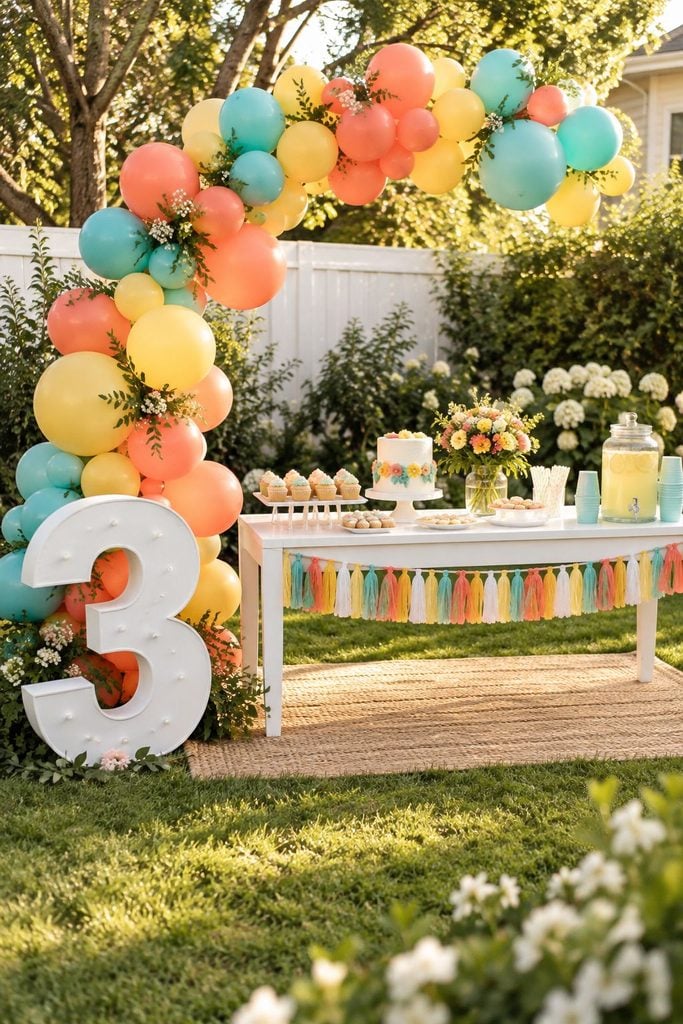 Simple backyard birthday party with colorful balloon arch
