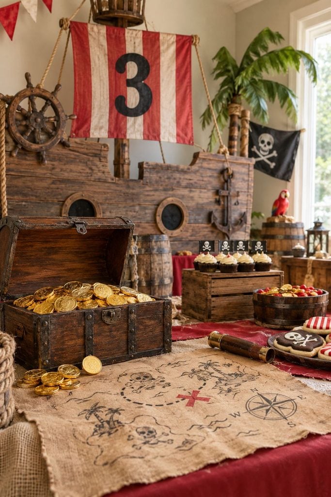 Pirate treasure hunt themed birthday party with wooden ship backdrop