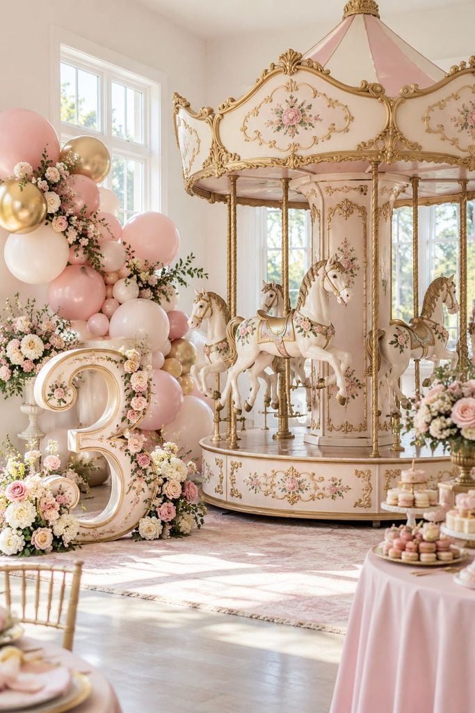 Enchanted carousel birthday party with pastel florals
