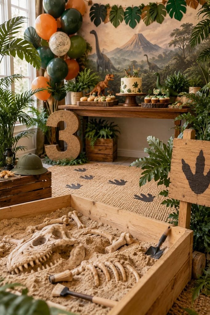 Dinosaur dig sand pit activity at a 3rd birthday party