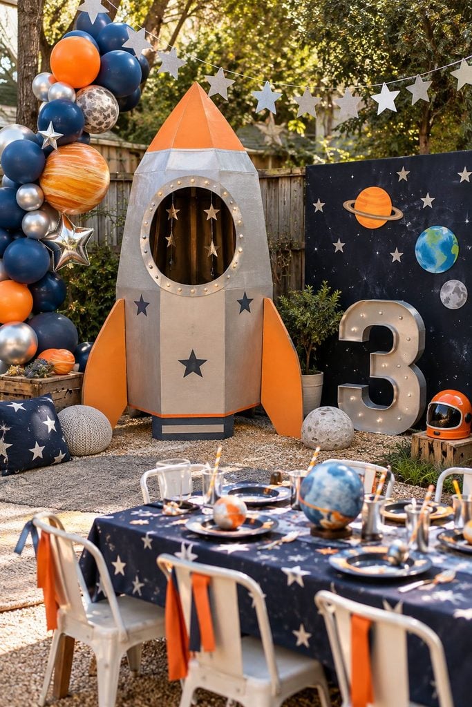 Rocket ship space themed birthday party with navy and silver decor