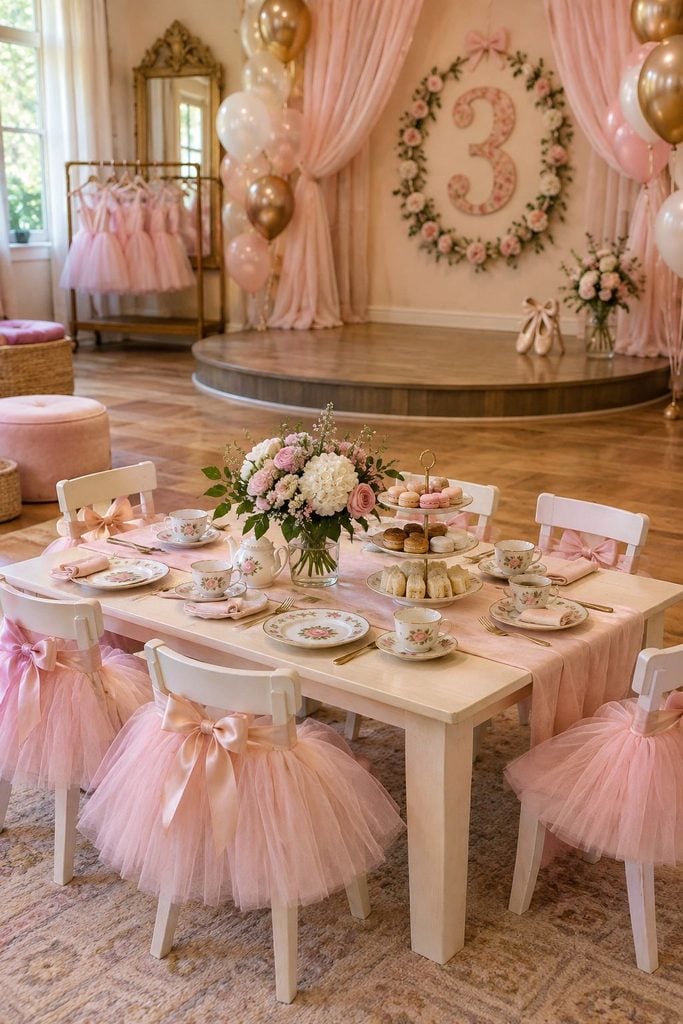 Blush and gold ballerina tea party birthday setup with tutus