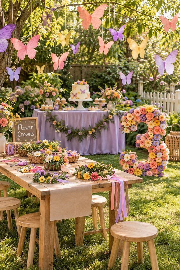 Butterfly garden birthday party with hanging ombre paper butterflies