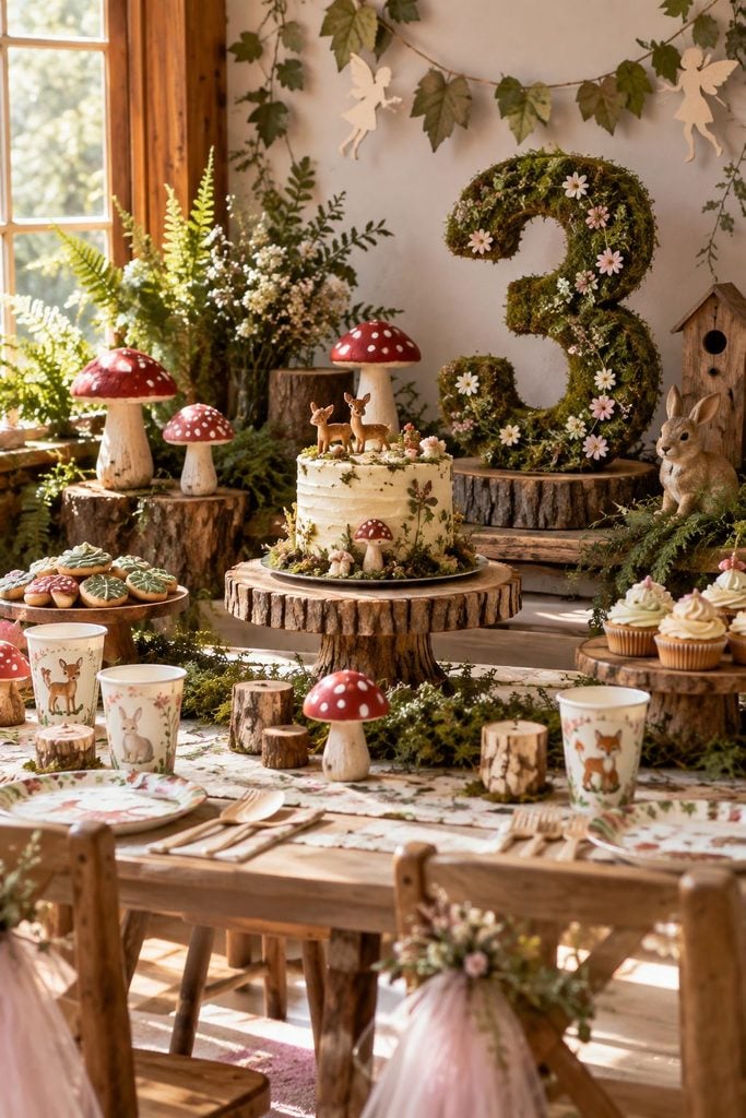 Woodland fairy birthday party with moss mushrooms and warm fairy lights