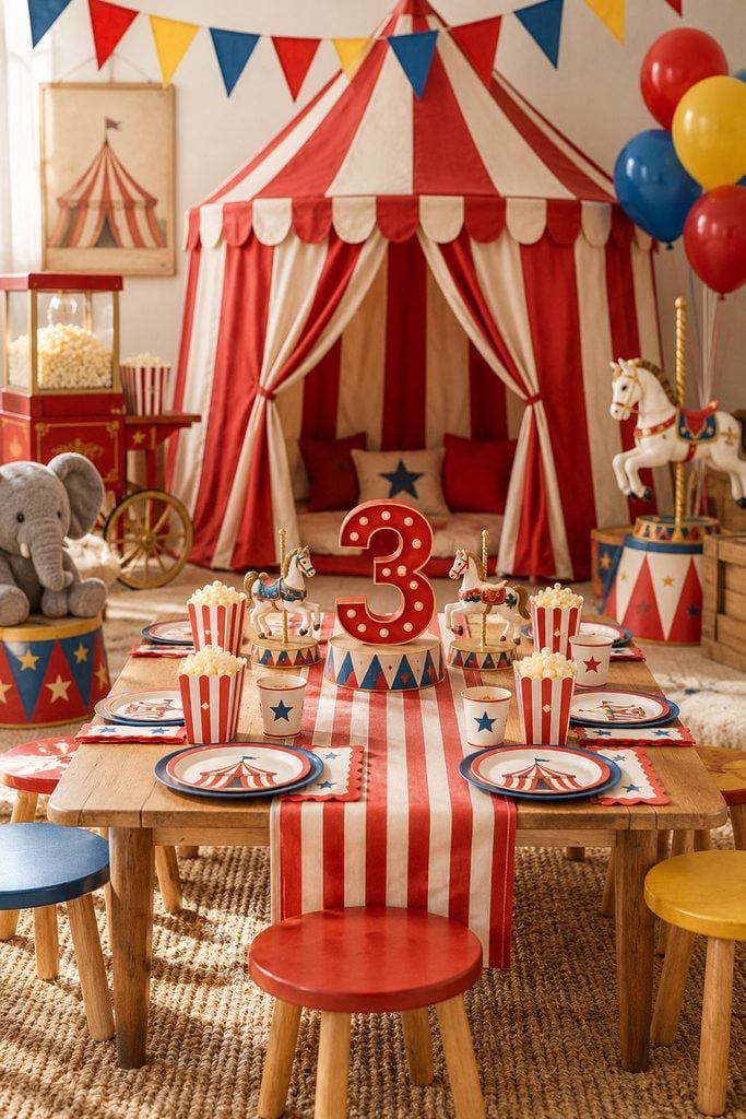 Red and white striped vintage circus big top themed 3rd birthday party decor