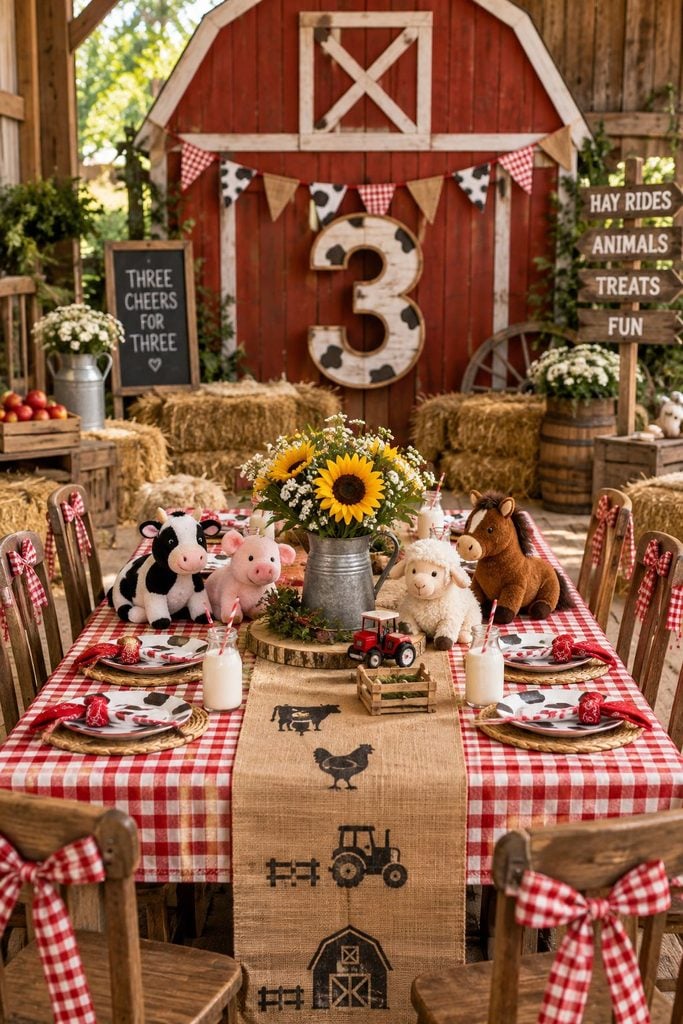 Rustic farmyard themed birthday party with hay bales and gingham decor