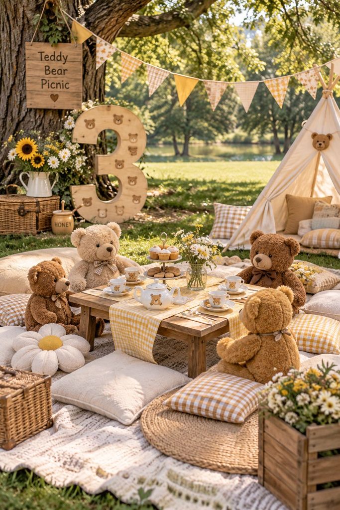 Teddy bear picnic birthday party setup with honey-colored decor and plush bears