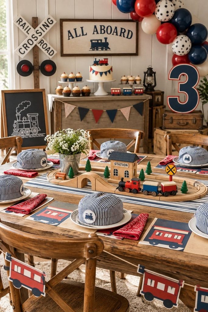 Train conductor themed 3rd birthday party with navy and red decor