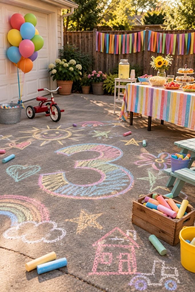 Driveway sidewalk chalk block party for a toddler birthday