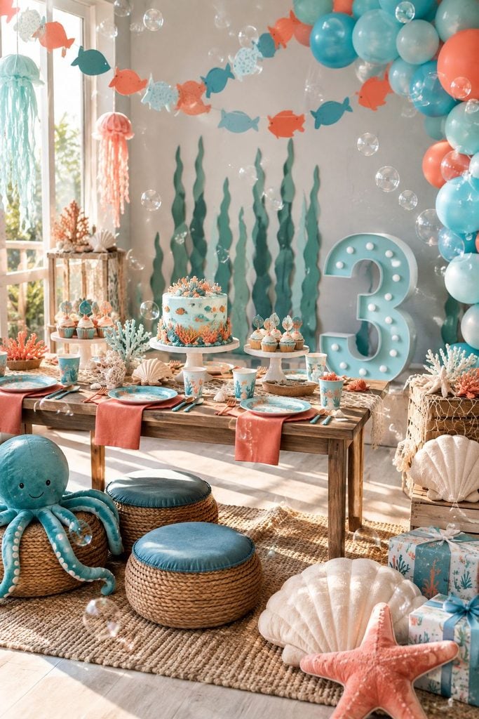 Under the sea themed birthday party with teal and coral decor and bubble machine