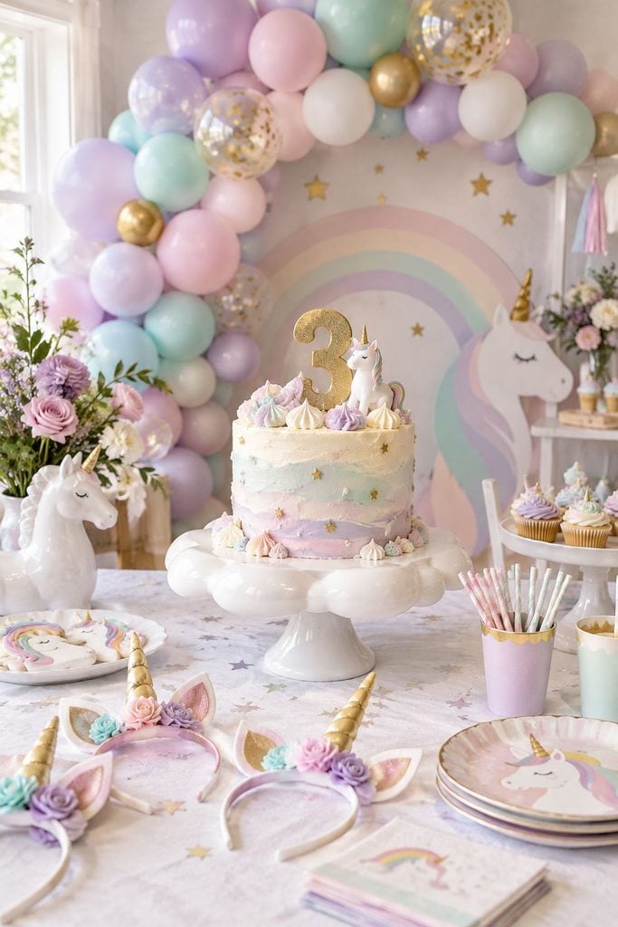 Pastel unicorn wonderland balloon arch birthday party