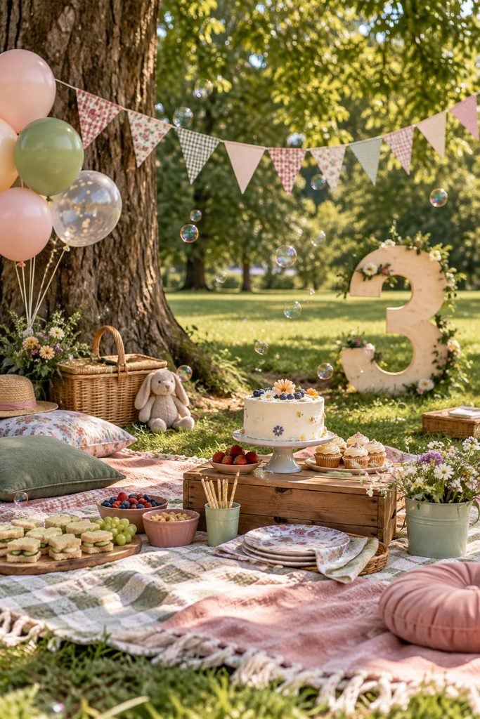 Relaxed park picnic birthday party with blankets and bunting