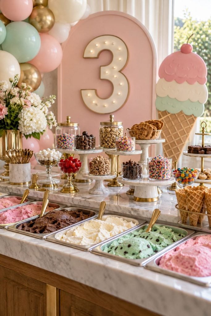 Luxe ice cream sundae bar with glass toppings jars and marble stands