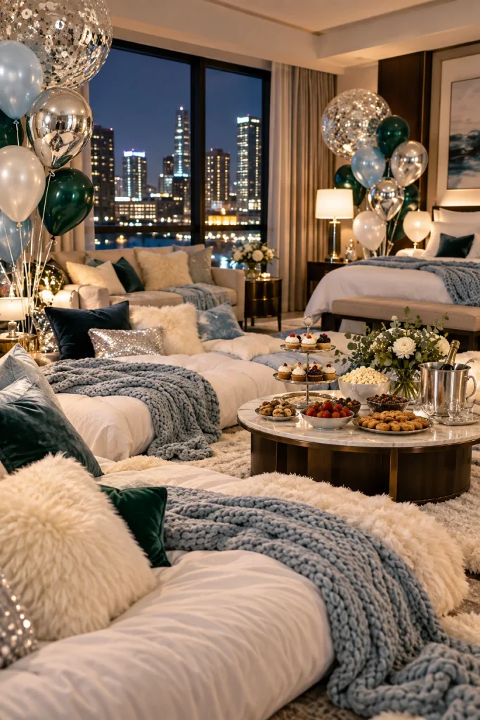 Decorated hotel suite for a birthday sleepover celebration