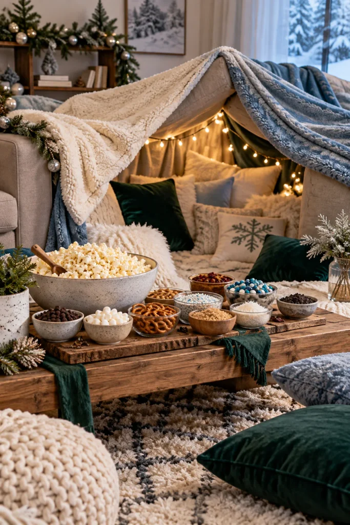 Simple blanket fort with a popcorn bar