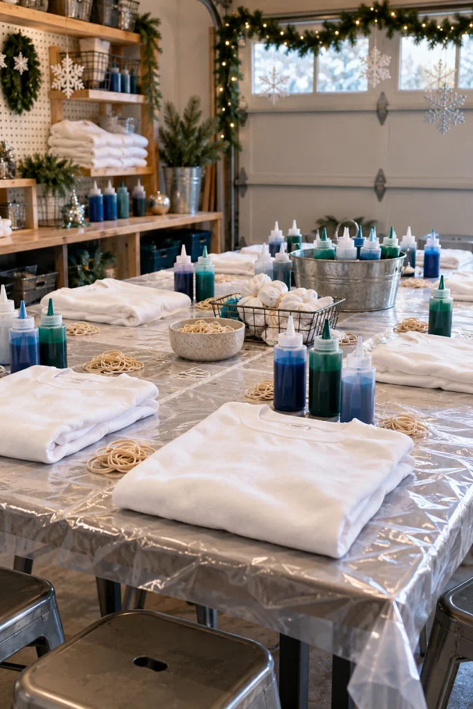 Teens tie-dyeing sweatshirts for a DIY craft party