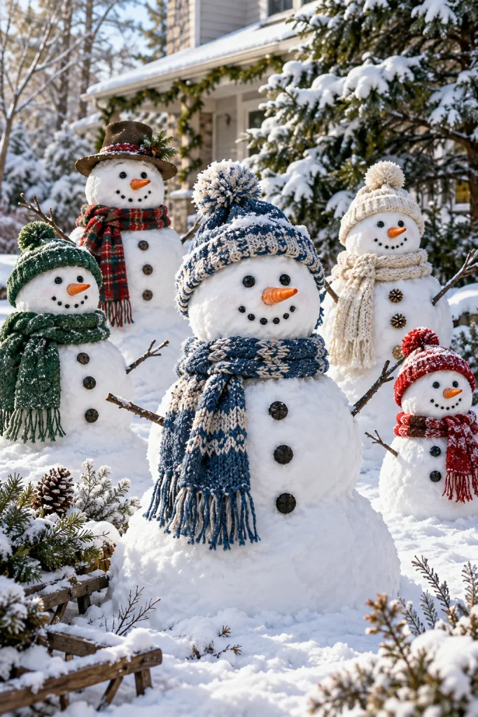 Teams building snowmen in a neighborhood contest