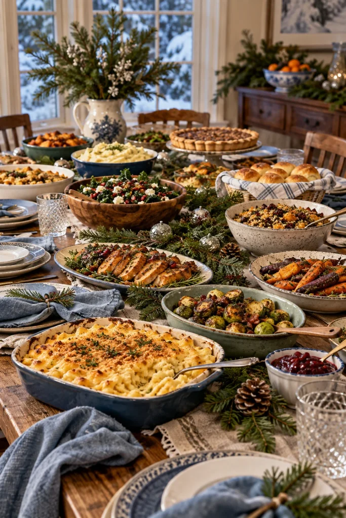 Potluck-style winter feast table with mismatched dishes