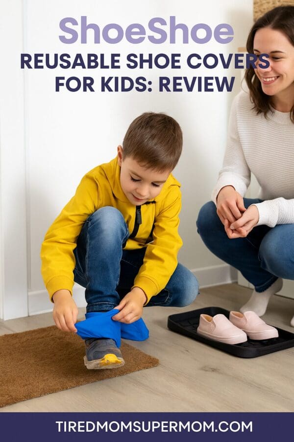 A boy in a yellow jacket removes his muddy shoes using ShoeShoe reusable shoe covers for kids in a clean entryway, while his smiling mom watches nearby. A shoe tray with clean indoor shoes sits beside them, highlighting the practicality of using reusable shoe covers for kids.