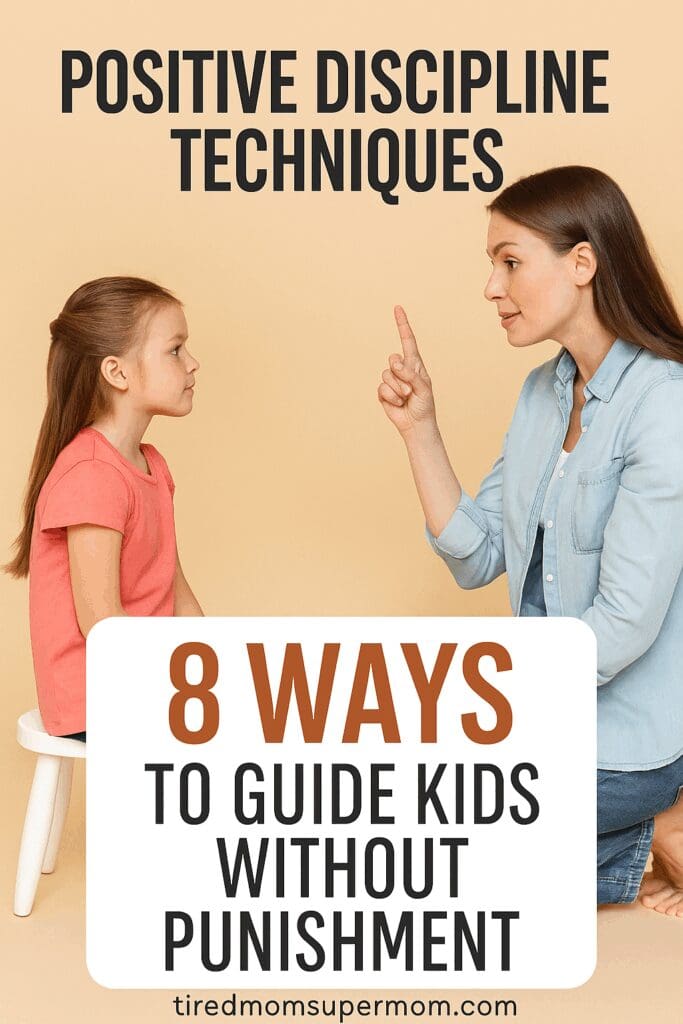 “Parent using positive discipline techniques to calmly guide a frustrated preschooler at home”