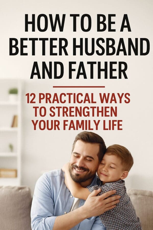 A Pinterest-style digital graphic features a bearded father in a light blue shirt warmly hugging his smiling young son, who is wearing a red, white, and blue plaid shirt. They sit on a beige couch in a softly lit living room with a white bookshelf in the background. Bold black and red text above them reads, “How to Be a Better Husband and Father – 12 Practical Ways to Strengthen Your Family Life,” conveying the theme of the blog post.
4o